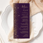 Menú Purpurina de oro moderno Boda morado oscuro<br><div class="desc">El lado izquierdo de este elegante y moderno menú boda presenta un diseño purpurina de imitación dorada. El texto del personalizable combina la escritura a mano de color dorado, el copperplate y las fuentes cursivas en un fondo morado oscuro. El reverso presenta un diseño a juego de purpurina morado y...</div>