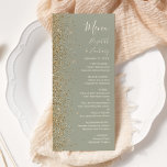 Menú Purpurina de oro moderno Sage Green Boda<br><div class="desc">El lado izquierdo de este elegante y moderno menú boda presenta un diseño purpurina de imitación dorada. El texto del personalizable combina la escritura a mano de marfil, las fuentes de copperplate y cursiva en un fondo verde sabio. El reverso presenta un diseño de color verde sabio y purpurina dorado...</div>