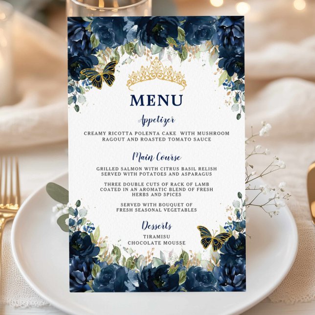 Menú Quinceañera 16 Blue Floral Sweet (navy-blue-floral-butterflies-gold-tiara-quinceanera-sweet-16-birthday-party-cheap-budget-menu-sheets)