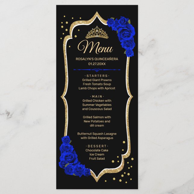 Menú Quinceañera Azul Real Dorado Negro (Anverso)