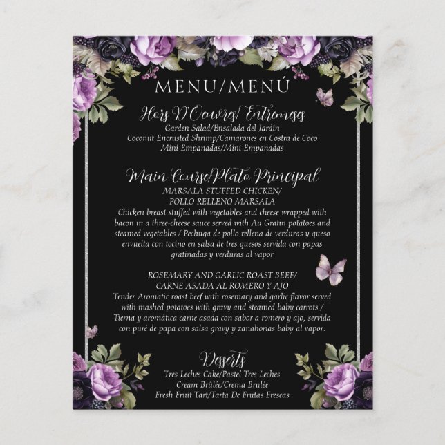 Menú Quinceañera bilingüe floral gótica presupuest (Anverso)