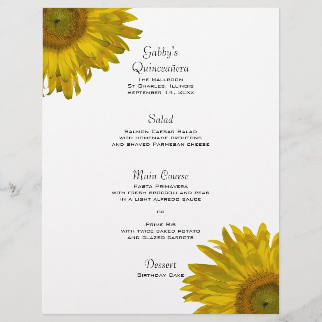 Menú Quinceanera de girasol amarillo (Anverso)
