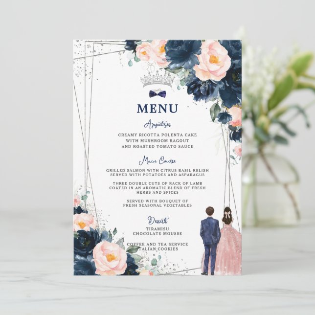 Menú Quinceañera de los mellizos florales azules d (Anverso de pie)