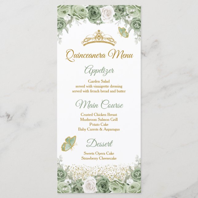 Menú Quinceañera de oro Sage Green Crown Butfly (Anverso)