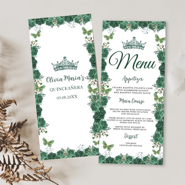 Menú Quinceañera Emerald Green Floral Butterflies Tiara (Subido por el creador)