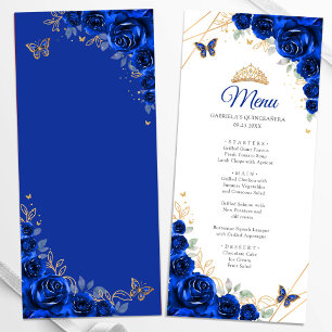 Menú Quinceañera Floral Azul Real Dorado