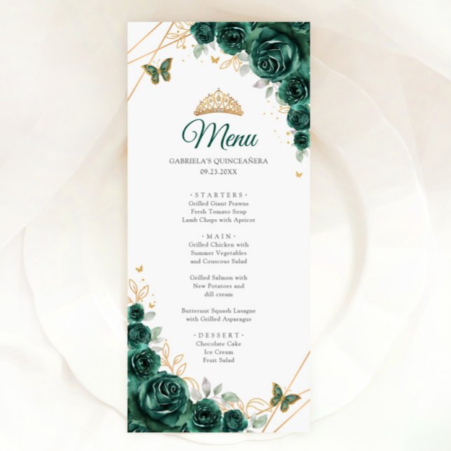 Menú Quinceanera floral de oro verde esmeralda (Subido por el creador)