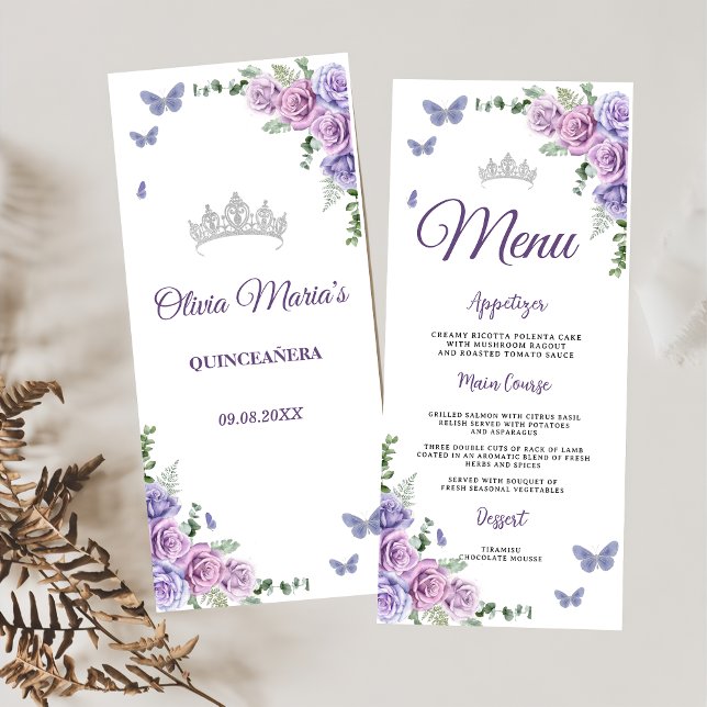 Menú Quinceañera Purple Lilac Floral Tiara Butterflies (Subido por el creador)