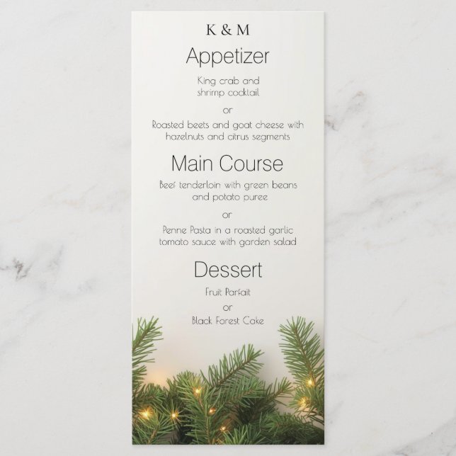 Menú Ramas de Pino y Luces de Navidad Elegante Comedor (Anverso)