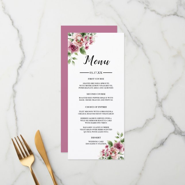 Menú Ramo de boda de rosa rosa acuarela elegante (Anverso/Reverso In Situ)