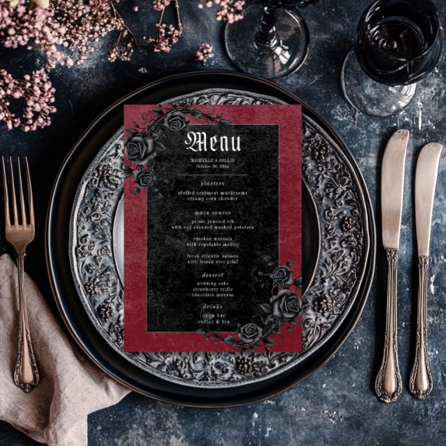 Menú Raven negro gótico y Boda de vino Rosa (Gothic Black Raven & Roses Wine Wedding Menu)