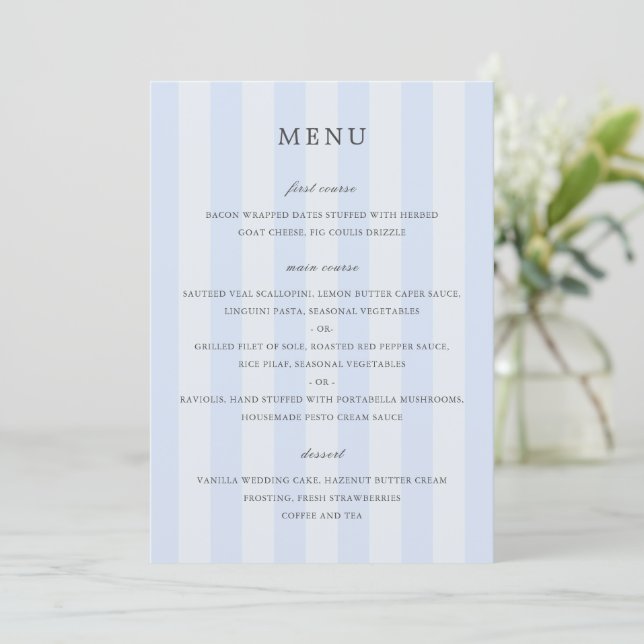 Menú Rayas Azules Elegantes Boda Moderna (Anverso de pie)