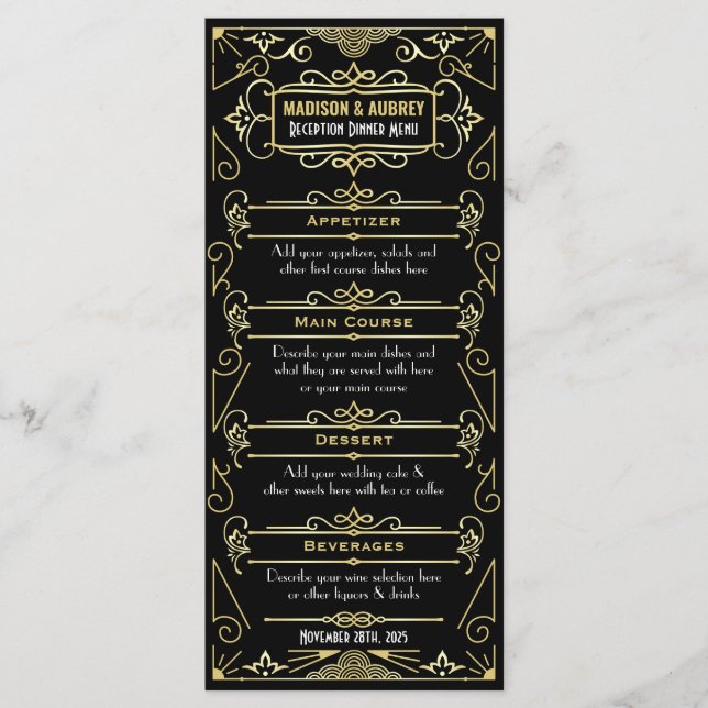 Menú Recepción Art Deco Cena Cena Dorada Comida negra (Anverso)