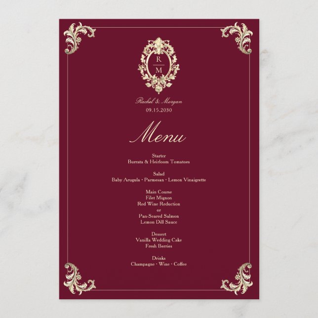 Menú Recepción de Boda Barroca con Dorado Burdeos (Anverso)