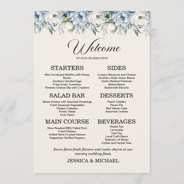 Menú Recepción de Boda Campestre Floral Azul Polvorient (Anverso)