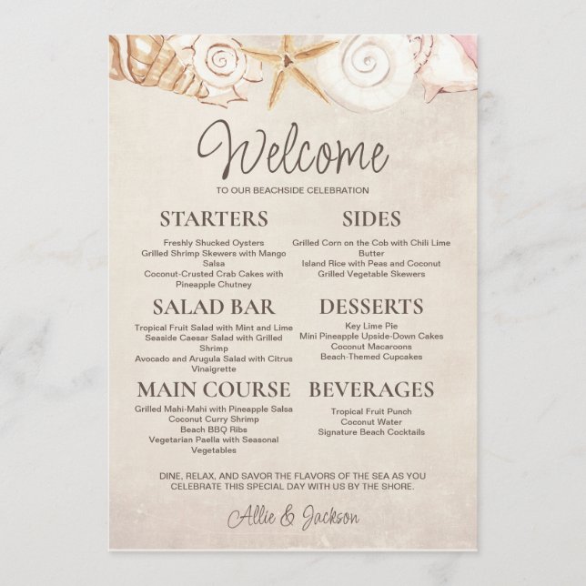 Menú Recepción de Boda Casual de Conchas de Playa y Are (Anverso)