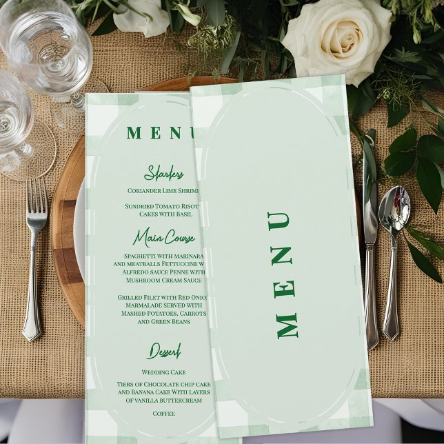 Menú Recepción de Boda Cena de Cuadros Verde Salvia (Sage Green Gingham Wedding Menu Card | Garden Party Reception Menu)