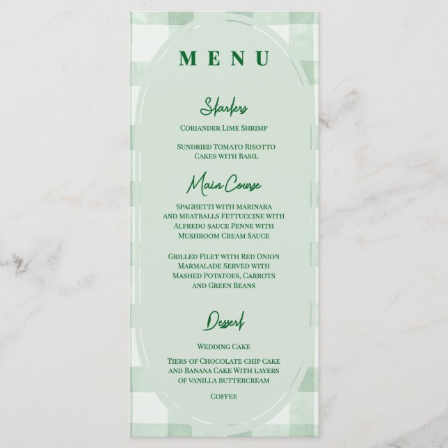 Menú Recepción de Boda Cena de Cuadros Verde Salvia (Anverso)