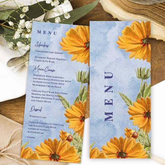 Menú Recepción de Boda Cena de Girasoles con Acuarela (Watercolor Sunflower Wedding Menu Card Summer Countryside Reception Dinner Menu)