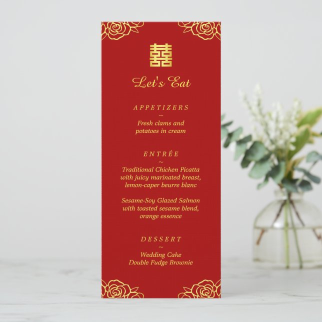 Menú Recepción de boda china de oro rojo floral rosa (Anverso de pie)