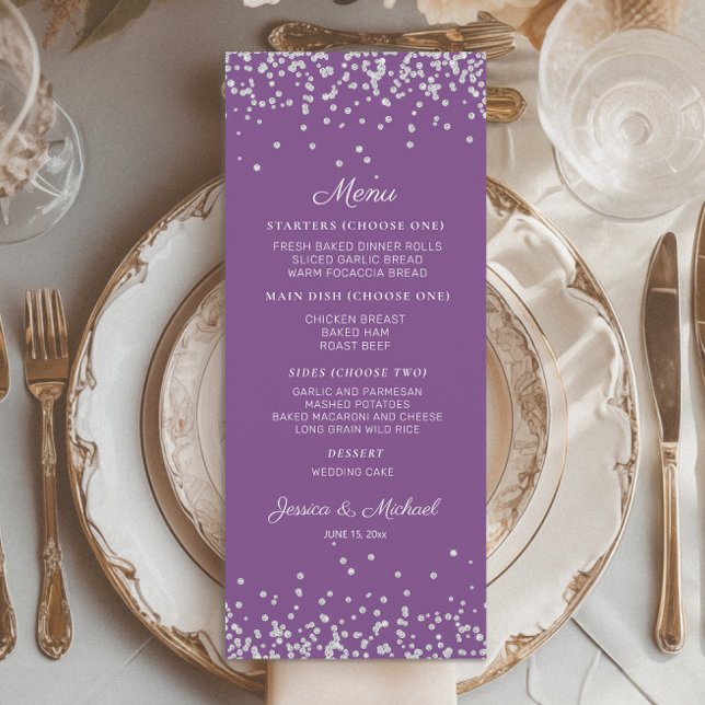Menú Recepción de Boda con Brillo Plateado Púrpura (Purple wedding menu with silver glitter)