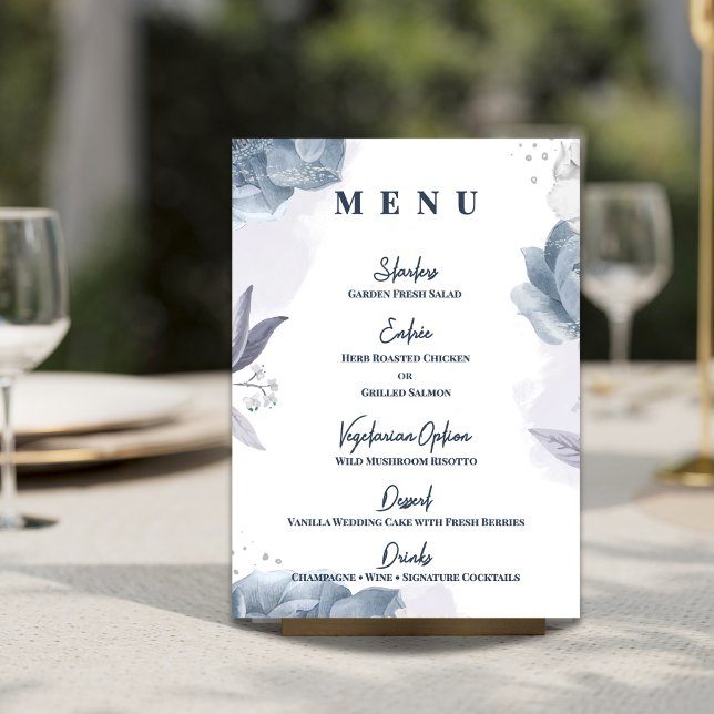 Menú Recepción de Boda con Flores Azules Polvorientas C (Dusty Blue Floral Wedding Menu | Romantic Reception Menu Card)