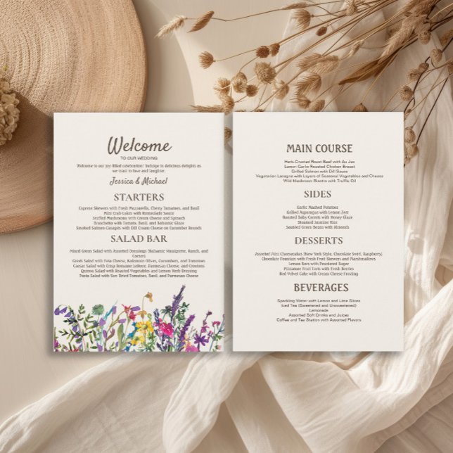 Menú Recepción de Boda con Flores Silvestres al Acuarel (Watercolor wildflowers wedding reception 5"x7" menu)