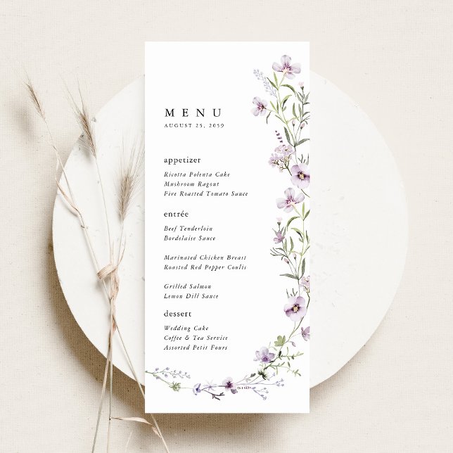 Menú Recepción de Boda con Flores Silvestres de Lavanda (Lavender Wildflower Wedding Menu Card, Lilac Floral Reception Menu, Purple Botanical Wedding Menu)