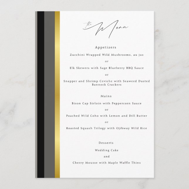 Menú Recepción de Boda con Franja Elegante de Gris Negr (Anverso)