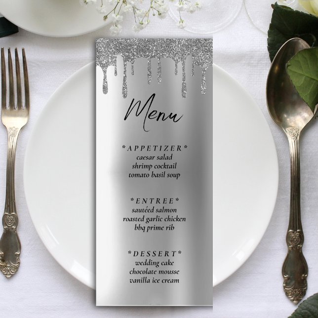 Menú Recepción de boda con gota de Purpurina plateado (Silver Glitter Drip Wedding Reception Menu)