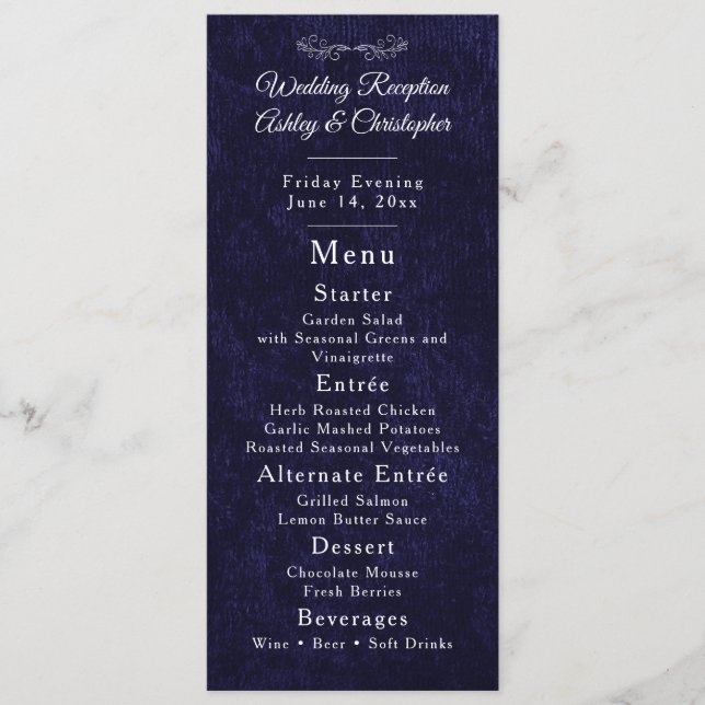 Menú Recepción de Boda con Guión Blanco Azul Marino (Anverso)
