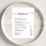 Menú Recepción de boda con guión de moda<br><div class="desc">Menú de cena de la recepción nupcial de moda con "menú" en un elegante guión de caligrafía con toques,  menú personalizado en una tipografía sencilla y moderna,  sus nombres unidos por un corazón y la fecha de recepción.</div>