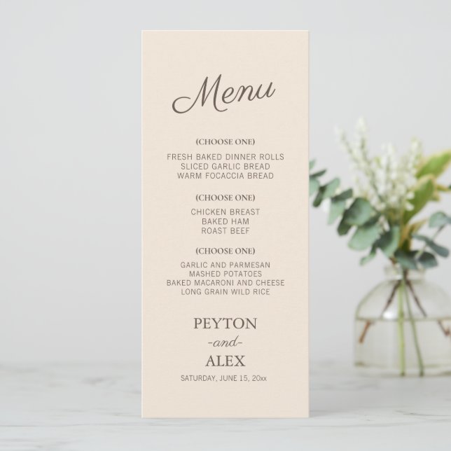 Menú Recepción de Boda con Letra Cursiva Moderna Crema (Anverso de pie)