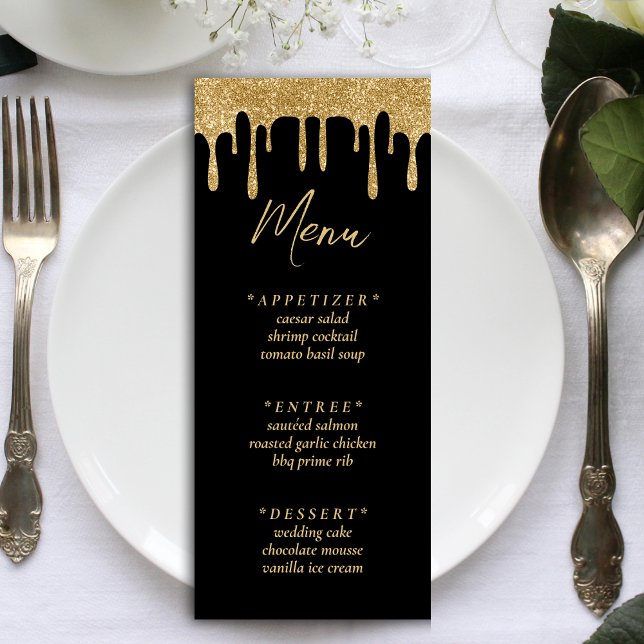 Menú Recepción de Boda con Purpurina de Oro y Negro (Black & Gold Glitter Drip Wedding Reception Menu)