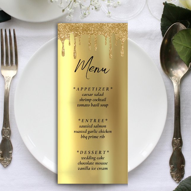 Menú Recepción de Boda con Purpurina Dorado (Gold Glitter Drip Wedding Reception Menu)