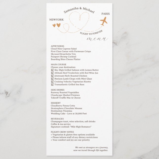 Menú Recepción de Boda con Tema de Viaje Cena (Anverso)