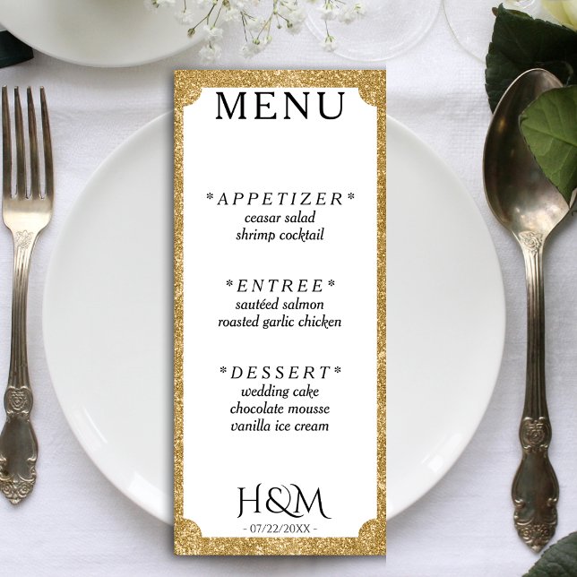 Menú Recepción de boda cóncava de Purpurina blanco y do (White & Gold Glitter Concave Corner Wedding Reception Menu)