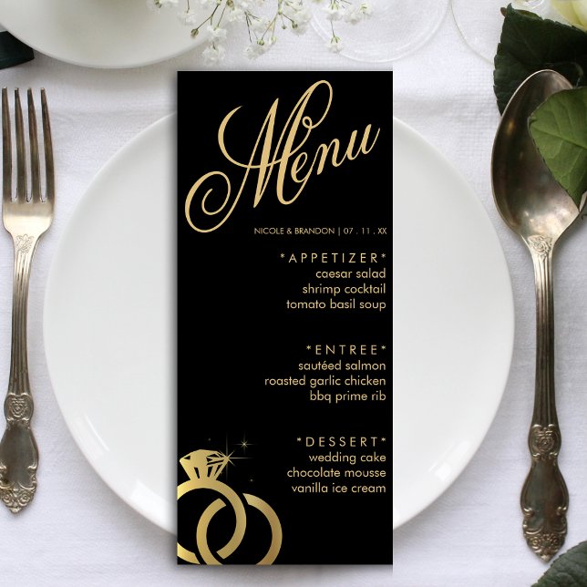 Menú Recepción de Boda de Anillo de Diamantes Negro y O (Black & Gold Diamond Ring Wedding Reception Menu)