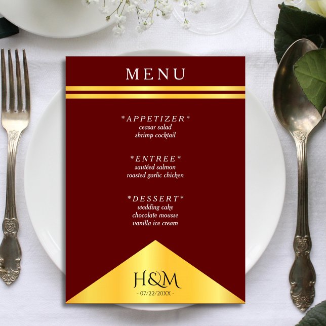 Menú Recepción de Boda de Borgoña y Banda de Oro (burgundy red and gold wedding menu)