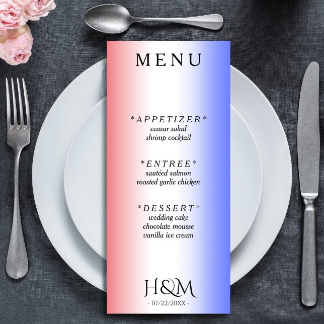 Menú Recepción de Boda de Cena Blanca y Azul (red white and blue ombre wedding menu)