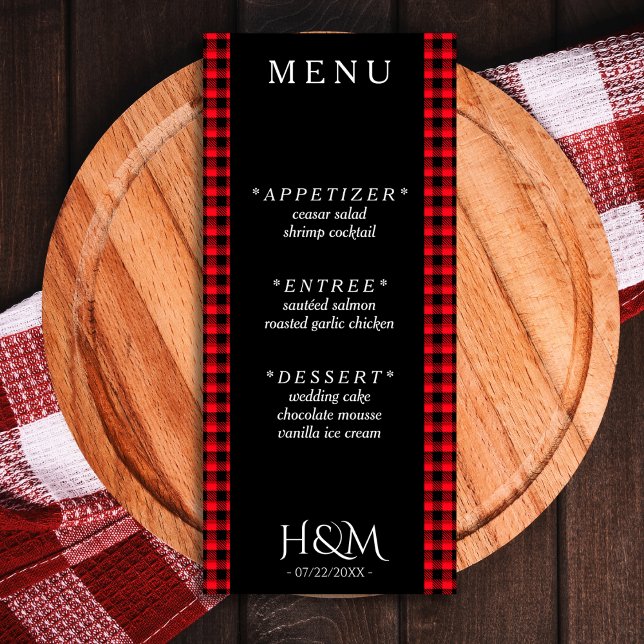 Menú Recepción de Boda de Cena con Buffalo Rojo (black and red buffalo plaid wedding menu)
