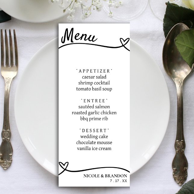 Menú Recepción de Boda de Corazón de Pareja Blanca y Ne (White & Black Couple Heart Wedding Reception Menu)