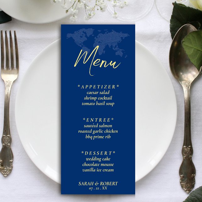 Menú Recepción de boda de destino del mapa del mundo az (Blue World Map Destination Wedding Reception Menu)