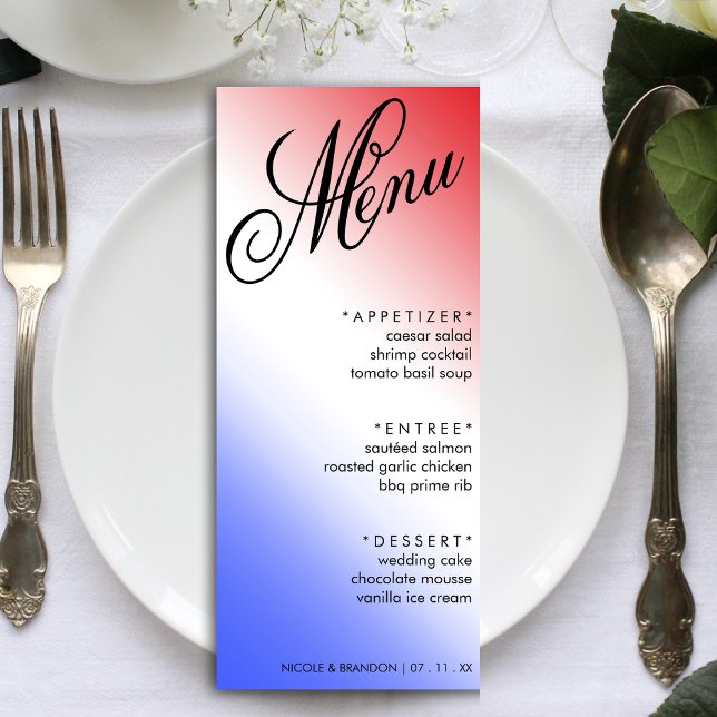 Menú Recepción de Boda de Estilo Rojo Blanco y Azul Ele (Red White & Blue Elegant Script Wedding Reception Menu)