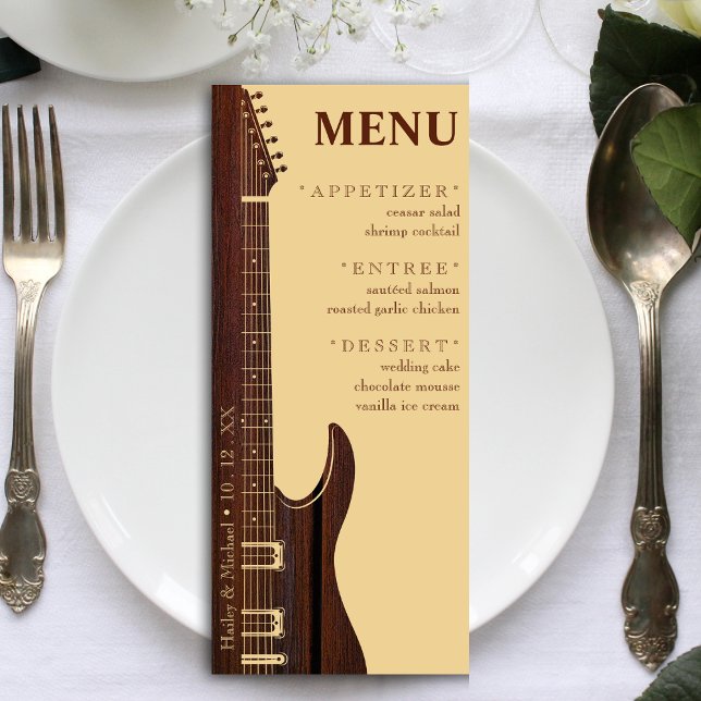 Menú Recepción de Boda de Guitarra Marrón de Madera Roj (Red Wood & Tan Brown Guitar Wedding Reception Menu)
