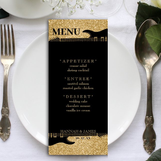 Menú Recepción de Boda de Guitarra Purpurina Negro y Or (Black & Gold Glitter Guitar Wedding Reception Menu)