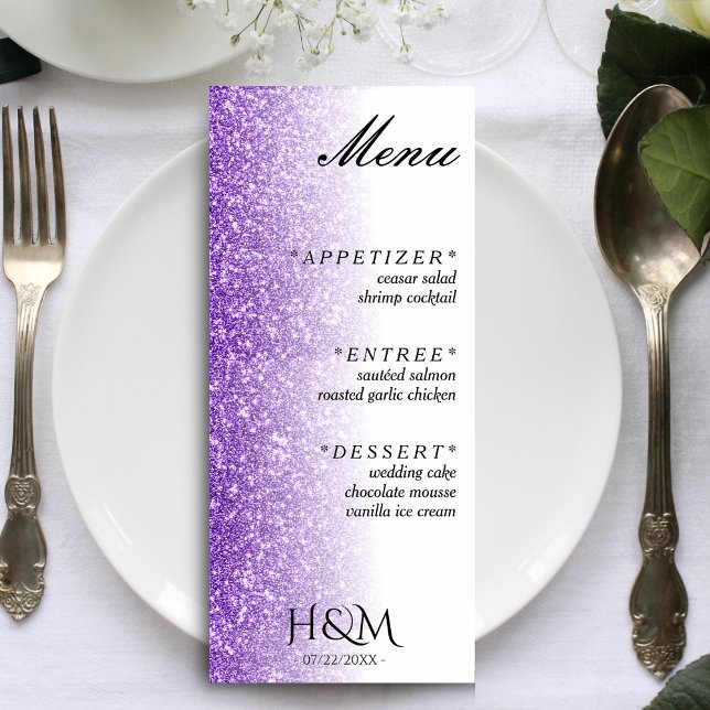 Menú Recepción de Boda de Purpurina Blanco y Morado (White & Purple Glitter Dinner Wedding Reception Menu)