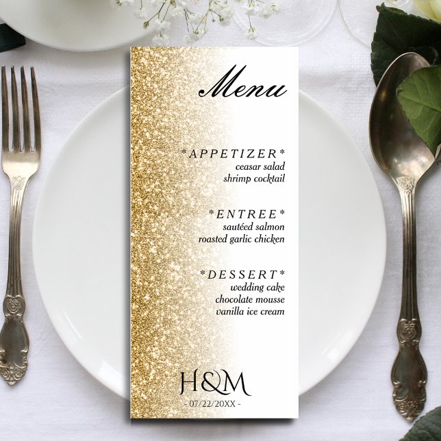 Menú Recepción de Boda de Purpurina Blanco y Oro (white and gold glitter ombre wedding menu)