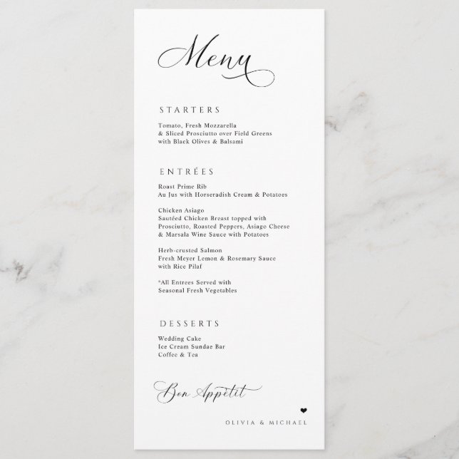 Menú Recepción de Boda Elegante Caligrafía de Lujo (Anverso)