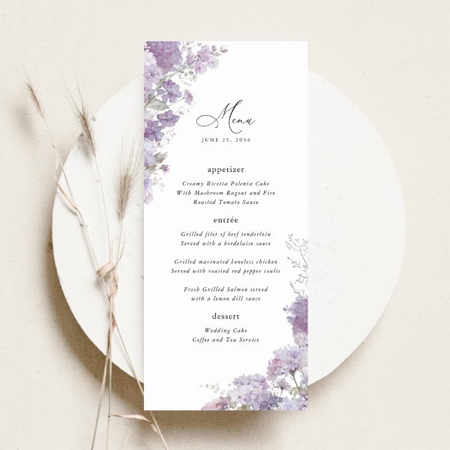 Menú Recepción de Boda Elegante con Flor de Lavanda par (Lavender floral wedding menu card watercolor lilac purple wedding reception menu elegant table decor)
